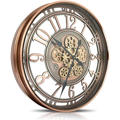 Real Moving Gears Wall Clock Large Modern Clocks for Living Room Decor, Industrial Steampunk Unique Vintage Rustic Decorative Clock for Home Farmhouse Office, 28 Inch,Red Copper Arabic - color: Red Copper Arabic, size: 28 Inch