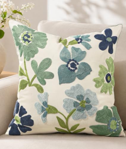 Embroidered Floral Throw Pillow Cover 18x18 Inch, Teal Flower - color: Teal Flower, size: 18" x 18" (Pack of 1)