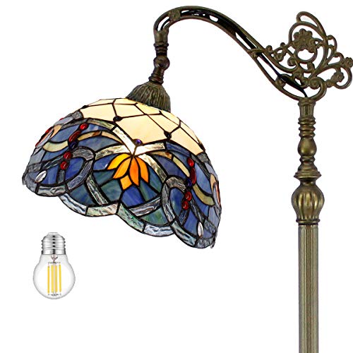 WERFACTORY Tiffany Floor Lamp Blue Lotus Flower Stained Glass Arched Lamp