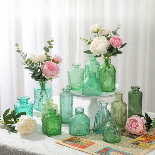 Set of 15 Green Glass Bud Vases Small Textured Flower Vases - color: Green