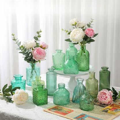 Set of 15 Green Glass Bud Vases Small Textured Flower Vases - color: Green