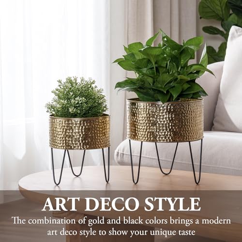 MyGift Modern Brass Metal Plant Containers with Matte Black Stands, 2 Pc