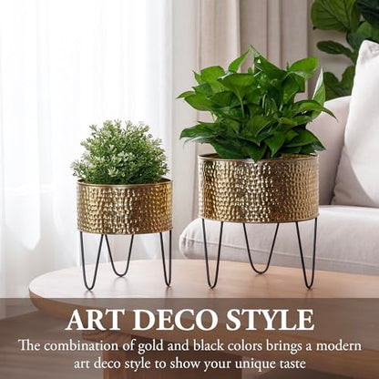 MyGift Modern Brass Metal Plant Containers with Matte Black Stands, 2 Pc