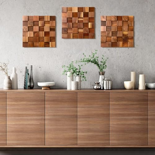 RattanView 3 Pcs 3D Rustic Wood Wall Art Mosaic Block Panel 11.8"x11.8"