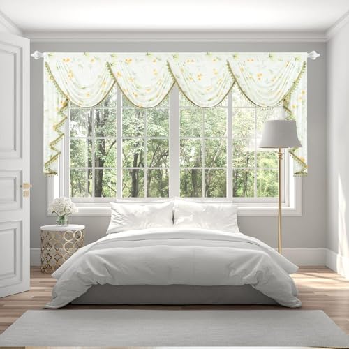 Leeva Waterfall Sheer Valance Curtains with Bead Tassels - Extra Wide 110-Inch Swag Sheer Valances, Plants Print for Airy Bedroom Decor - color: Flower, size: 110"W x 43"L (Pack of 1)