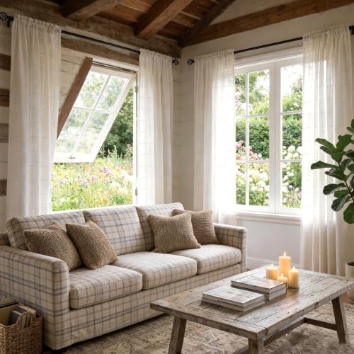 White Sheer Curtains 72 Inches Faux Linen Stripe Pattern 2 Panels - color: White, size: 52"W x 72"L (Pack of 2)