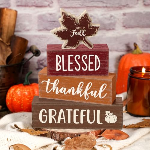 Yousoontic 4 Pcs Hello Fall Figurines Set, Rustic Farmhouse Decor - style: Fall Maple Leaf
