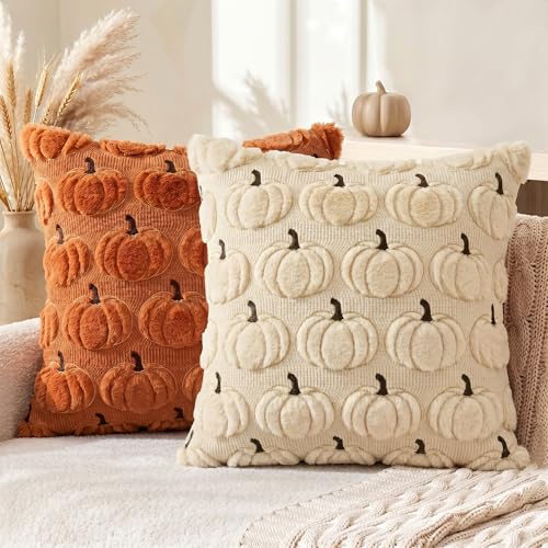 AVOIN colorlife Caramel Beige Fall Pumpkin Throw Pillow Covers 18x18 Inch - color: Caramel/Beige, size: 18" x 18" (Pack of 2)