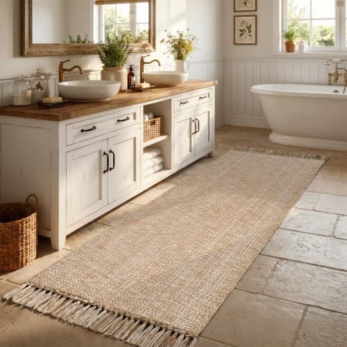 Collive Boho Hallway Runner Rug, 2.6' x 7' Washable Bathroom Mats - color: Tan/Cream, size: 2.6' x 7' (Rectangular)