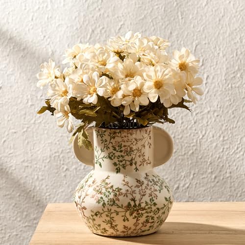 Emotionally Grounded Vase, Vaseking Ceramic Rustic Vase with Handle, 5.63 inch Pastoral Decorative Farmhouse Vases for Home Decor, Living Room, Enterway, Table Decoration, Green and Beige - color: 18589-green and Beige