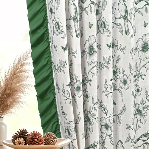 Yinhua Green Floral Curtains for Living Room 63 Inch French Country Linen Bedroom Curtains with Ruffle Tieback, Light Filtering Flower Patterned Window Curtain Rod Pocket Back Tab Drapes, 2 Panels - color: Green, size: 52"W x 63"L (Pack of 2)