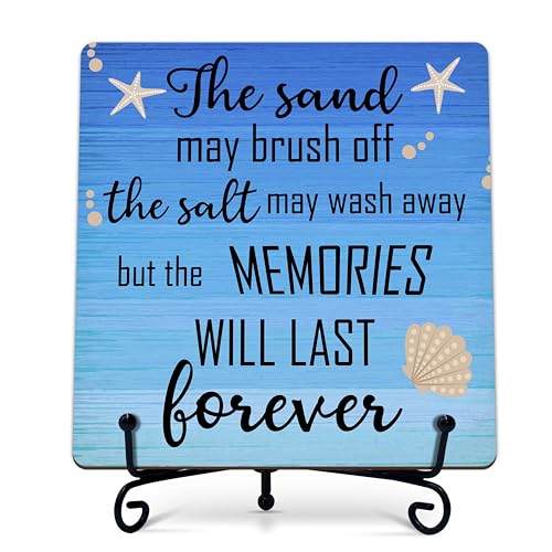 Beach Wood Sign with Stand, The Sand May Brush Off the Salt May Wash Away but Memories Will Last Forever, Ocean Theme Wooden Plaque for Coastal House Desk Shelf Table Decor-B15 - style: Memories Will Last Forever