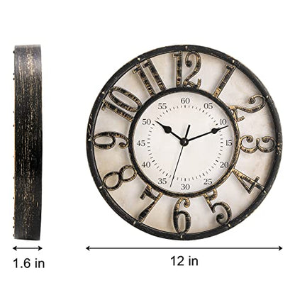 ZOOFOX 12 Inch Retro Wall Clock, Silent Non-Ticking Battery Operated Movement Decorative Round Quartz Wall Clock, Raised 3D Arabic Numeral Clock for Home, Living Room, Kitchen, Office