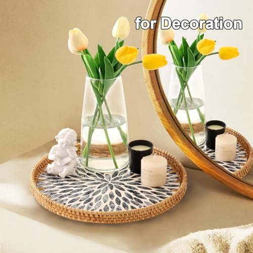 Round Rattan Tray with Mother of Pearl Inlay, Rattan Serving Tray for Coffee, Bread, Fruits, Decorative Wicker Tray for Table Decor, Home Decor, Kitchen Island Decor (Black Leaf, 11.8")
