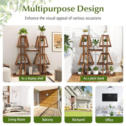 GIANTEX Plant Stand Indoor, 5-Tier Wooden Trapezoid Plant Holder Rack for Multiple Plants, Carbonized Pine Wood, Indoor Outdoor Flowerpot Holder Display Shelf for Living Room Balcony Patio Porch
