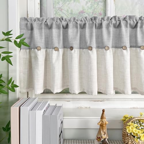 Farmhouse Boho Linen Button Valance for Kitchen Window Dining Room - color: Grey, size: 52"W x 20"L (Pack of 1)