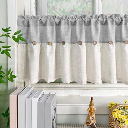 Farmhouse Boho Linen Button Valance for Kitchen Window Dining Room - color: Grey, size: 52"W x 20"L (Pack of 1)
