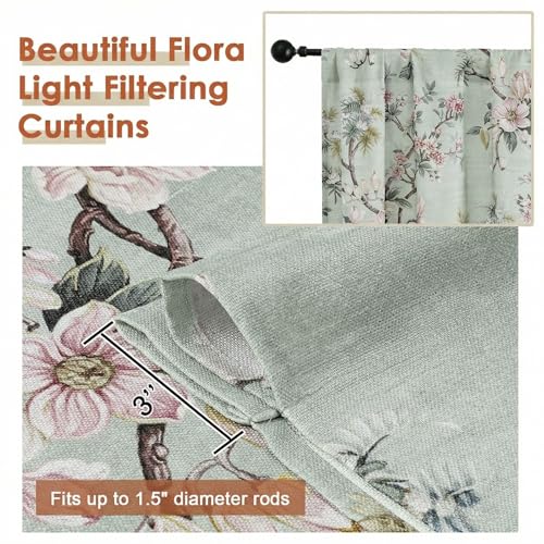 Aiyufeng Floral Tiers Curtains 24 Inch Length for Kitchen, Flower Patterned Soft Airy Light Filtering Country Style Rod Pocket Small Window Treatments Short Drapes, W30 X L24 Inch, Light Green - color: Light Green, size: 30"W x 24"L (Pack of 2)
