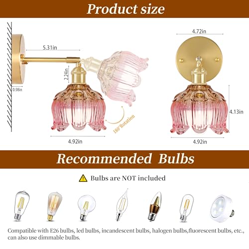 Battery Operated Wall Sconces Set of 2, Green Tulip Glass Wall Lights | Rechargeable flower wall lamps with remote control, 15 colors, 10-level dimming and timer for bedroom and living room - color: Flower Pink