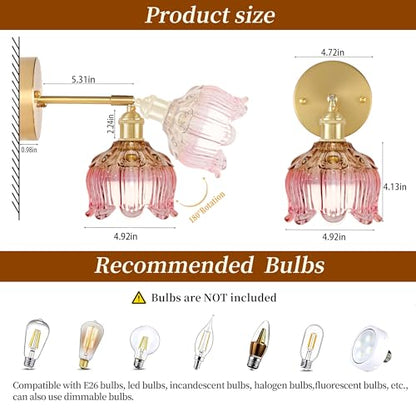Battery Operated Wall Sconces Set of 2, Green Tulip Glass Wall Lights | Rechargeable flower wall lamps with remote control, 15 colors, 10-level dimming and timer for bedroom and living room - color: Flower Pink