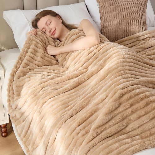 330GSM Ribbed Fleece Twin Blanket for Bed, Light Brown, 60"x80" - color: Light Brown, size: Twin(60"x80")