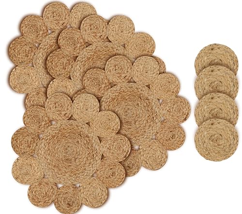 Round Jute Placemats Coasters Set of 8 Natural Braided Cotton Table Mats - size: 13" Round / 4" Round