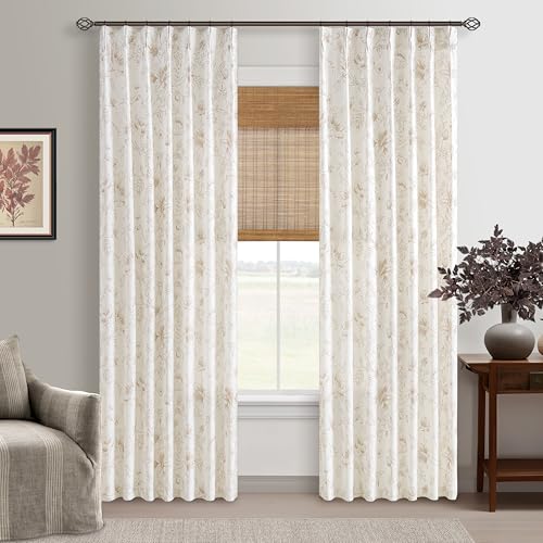84 Inch Linen Curtains Beige Tan Floral Pattern Pinch Pleat Drapes Bedroom - color: Coffee, size: 40"W x 84"L (Pack of 2)