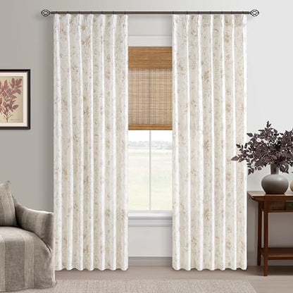 84 Inch Linen Curtains Beige Tan Floral Pattern Pinch Pleat Drapes Bedroom - color: Coffee, size: 40"W x 84"L (Pack of 2)