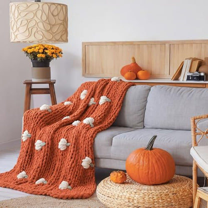 Mindsoft Fall Pumpkin Chunky Knit Throw Blanket 50" x 60",Burnt Orange - color: Burnt Orange, style: Pumpkin