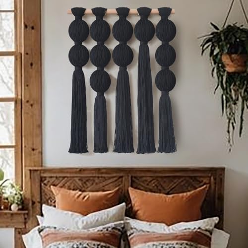 Jakalin Macrame Wall Hanging Black Boho Tassel Fiber Wall Art 19.6"Lx15.7"W - color: Black