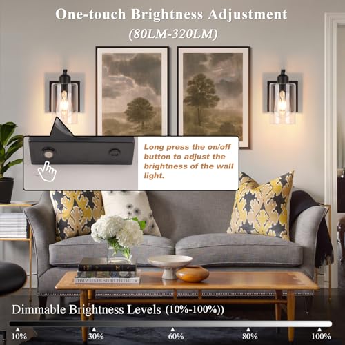 BELS 8 Inch Battery Operated Wall Sconces Set of 2, Farmhouse Wall Lights Fixture with Clear Glass, 4000K, Remote Control, Dimmable, Black Wall Sconces for Mirror, Bathroom, Bedroom - color: Black