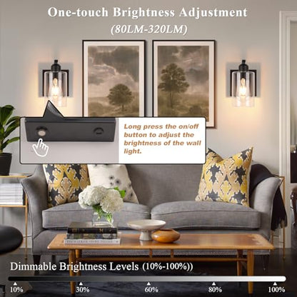 BELS 8 Inch Battery Operated Wall Sconces Set of 2, Farmhouse Wall Lights Fixture with Clear Glass, 4000K, Remote Control, Dimmable, Black Wall Sconces for Mirror, Bathroom, Bedroom - color: Black