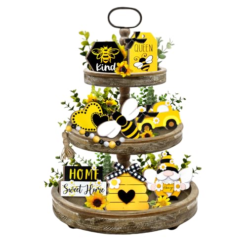 Bee Tiered Tray Decor, Spring Summer Farmhouse Tiered Tray