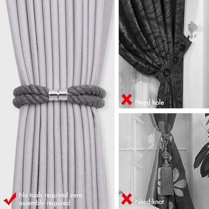 NICEEC Natural Cotton Rope Magnetic Curtain Tiebacks, 4 Pack, Dark Grey - color: Dark Grey, size: 4 Pack