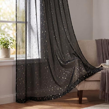 Horaldaily 2Pcs Black Sheer Curtains 52x63in, Gold Sequin Star, Halloween - color: Black and Gold, size: 52"W x 63"L (Pack of 2)