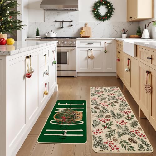 Baccessor Green Christmas Kitchen Rugs Winter Set of 2 17x29 and 17x47 Inch - color: Green Home Sweet Home