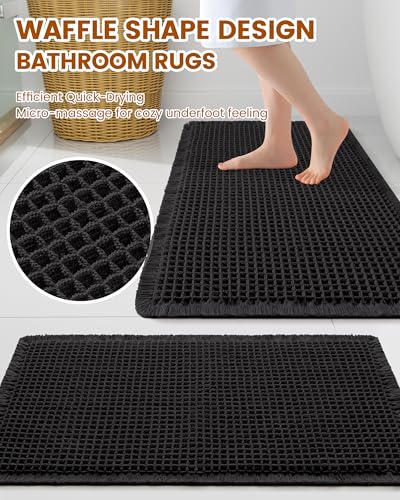 Smiry Waffle Bath Mat 30X18, Extra Soft Absorbent Bathroom Rugs, Black - color: Black, size: 30'' X 18''