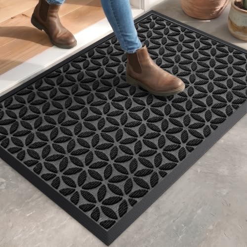 DEXI Front Door Mat Outside Entrance 17x30 Heavy Duty Rubber Entry Doormat | Hexafoil Floral, Dirt Trapper, Non Slip Low Profile Floor Mats for Entryway Exterior Patio - color: Hexafoil Floral, size: 17" X 30" (Rectangular)