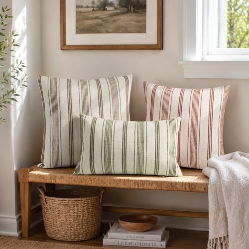 AELS 12x20 Decorative Farmhouse Linen Blend Lumbar Pillow Covers, Beige with Dark Brown Chenille Striped Pillow Case, Set of 2, Boho Textured Cushion Cover for Sofa Couch Living Room (Cover ONLY) - color: Dark Brown, size: 20" x 12" (Pack of 2)
