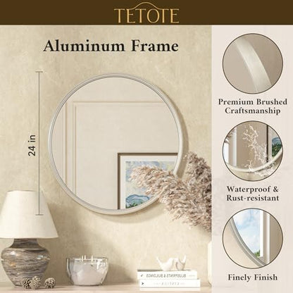 TETOTE Round Mirror 24 inch Brushed Nickel Mirror for Bathroom - size: 24"L x 24"W