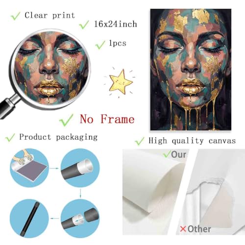 Abstract Face Wall Art Female Portrait Canvas Blue Gold 16x24inch No Frame - color: 4, size: 24"L x 16"W
