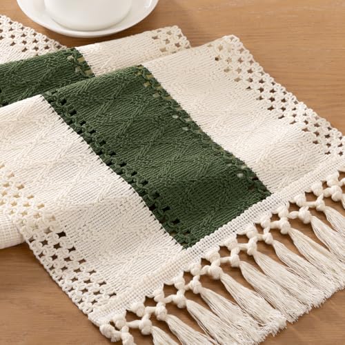 Boho Macrame Table Runner Ivory Olive Burlap Small Dresser Runner - color: Olive and White, size: 12" × 36"