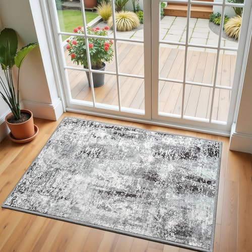 Dark Grey Washable Small Area Rug, 2x3 Abstract Non-Slip Door Mat, Modern Low Pile Indoor Entryway Rugs, Stain Resistant Throw Carpet for Front Door, Kitchen, Entry, Inside Entrance - color: Dark Grey, size: 2' x 3' (Rectangular)