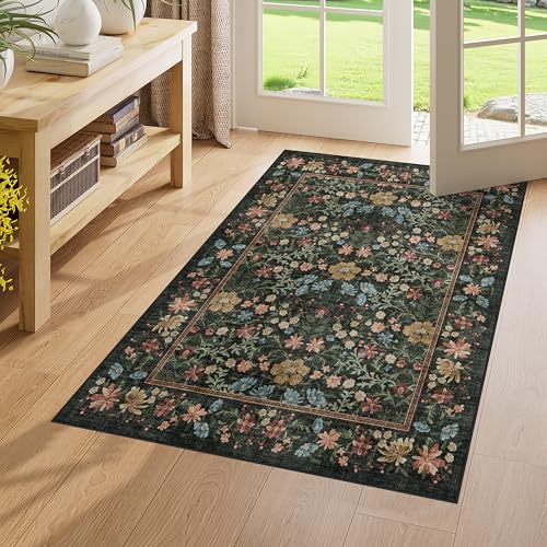 DUKINO 3x4 Area Rug for Entryway Washable Vintage Floral Rug Non Slip Black - color: Black, size: 3' x 4' (Rectangular)