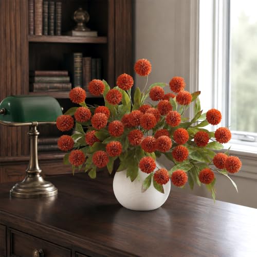 VIERENA 6 Pcs 27" Artificial Fall Pompon Mum Flower Stems for Vase (Orange) - color: Orange