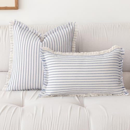 YEENAASY Throw Pillow Covers 24x24 Boho Striped Pillow Cases with Tassel - color: Blue, size: 24" x 24" (Pack of 2)