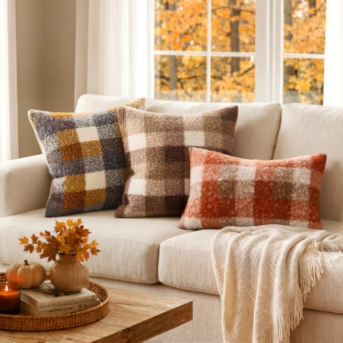 MIULEE Fall Plaid Pillow Covers Boucle Khaki White 18x18 Set of 2 - color: Khaki White, size: 18" x 18" (Pack of 2)