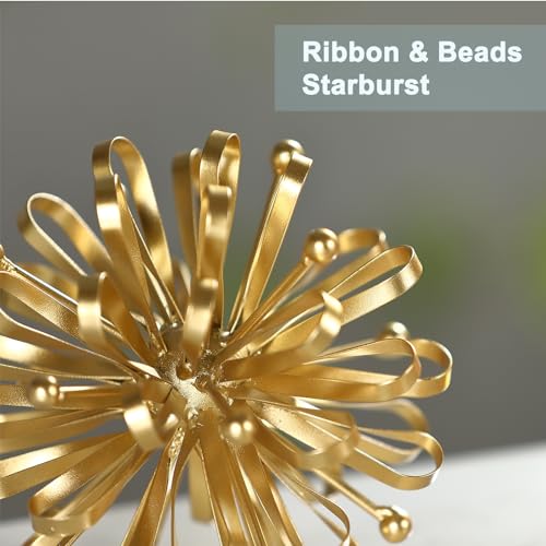 6.7" Gold Metal Starburst Tabletop Sculpture- with Ribbon & Beaded Edges