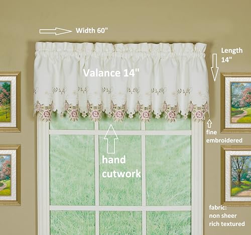 Today's Curtain Verona Reverse Embroidery Valance, 14", Ecru/Rose, 60" W X 14" L - color: Ecru/Rose, size: 60"W x 14"L (Pack of 1)