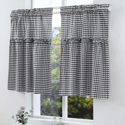 Silnuo 2Pack Black/White Plaid Gingham Ruffle Window Valance 26" W x 36" L - color: Black/White, size: 26"W x 36"L (Pack of 2)